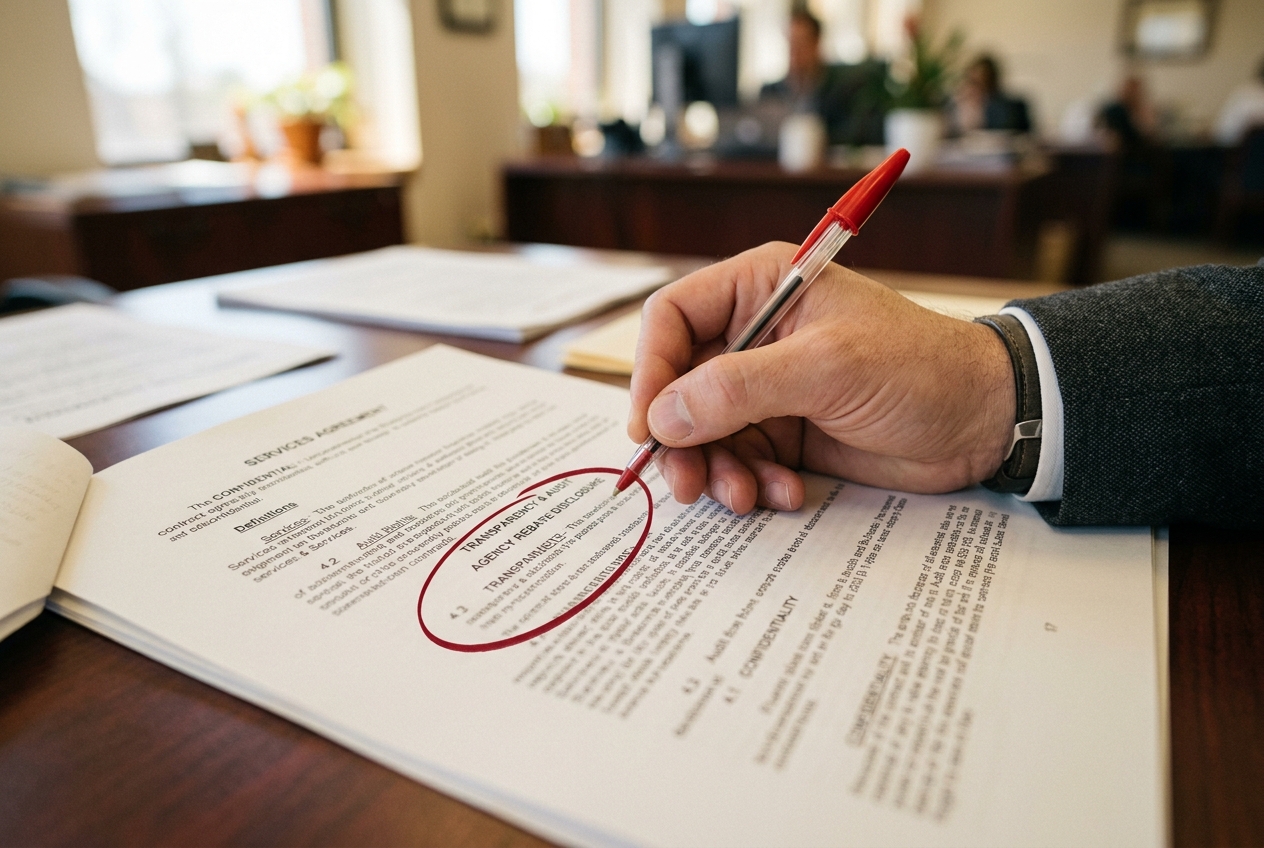 A hand circling a clause in a contract with a red pen, symbolizing an audit.