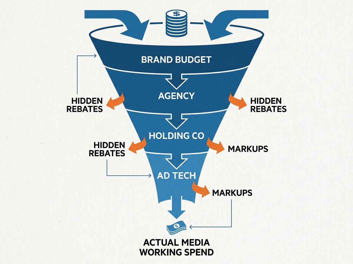 An infographic showing how advertising budget is lost to hidden rebates and agency markups.