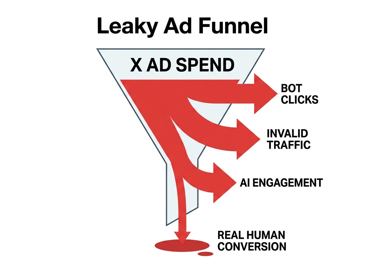 An infographic showing how ad budget on X is diverted by bot clicks and invalid traffic before reaching real human customers.