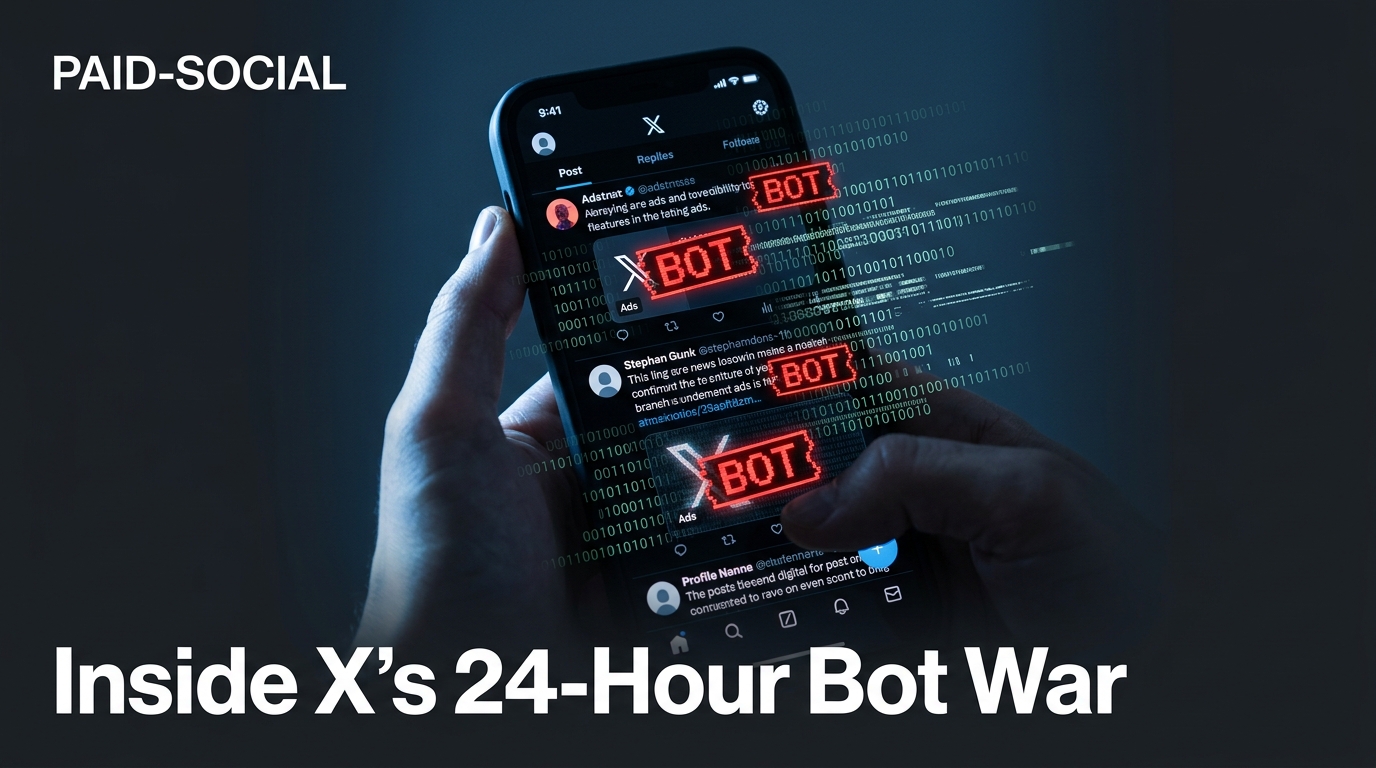 A stylized smartphone showing a social media feed being taken over by digital code and bot labels, representing the technical battle against AI spam.