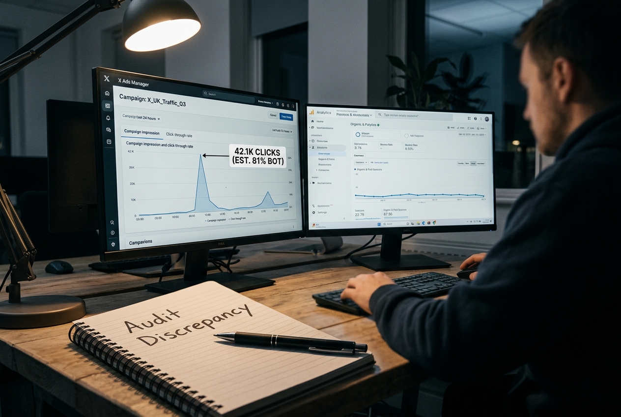 A professional workspace showing the discrepancy between social media ad clicks and actual website sessions.
