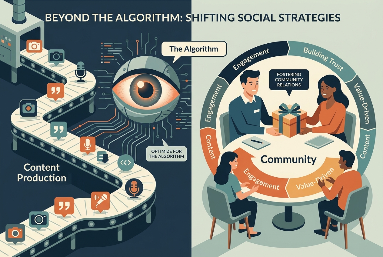 Infographic showing the shift from algorithmic content production to community-centered brand engagement.
