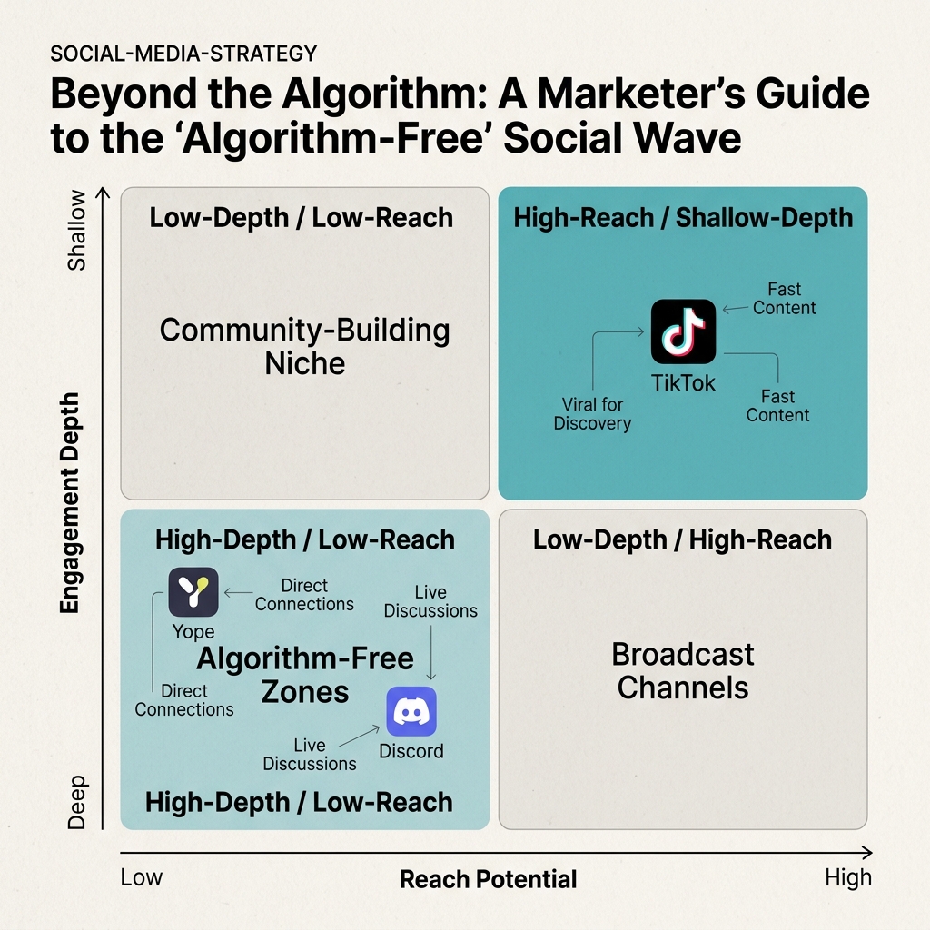 A 2x2 matrix comparing social media platforms based on reach and engagement depth.