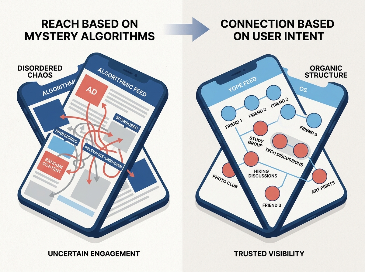A comparison diagram between a cluttered algorithmic feed and a clean, chronological Yope feed.