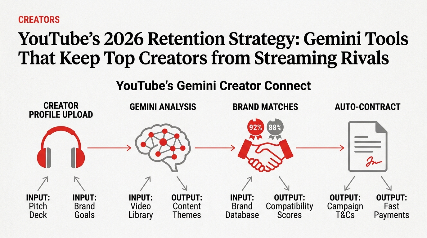 Diagram illustrating the flow of YouTube's Gemini Creator Connect from profile to brand deal.