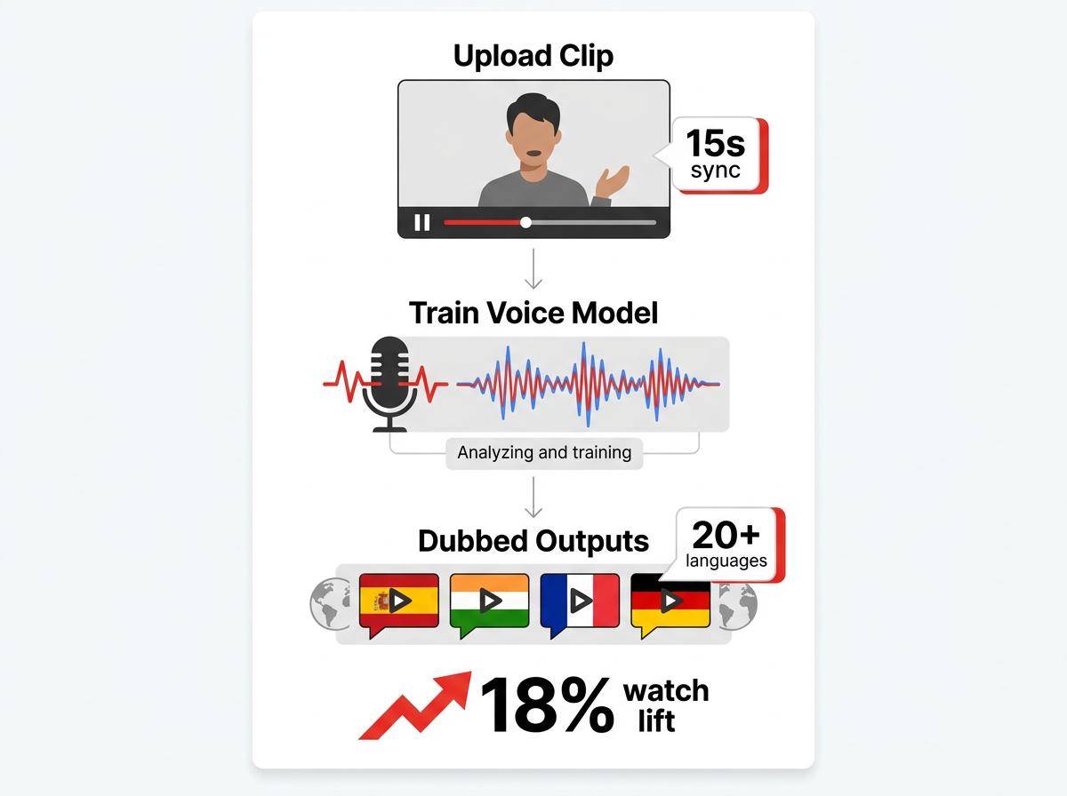 Step-by-step diagram of YouTube Voice Mode dubbing feature.