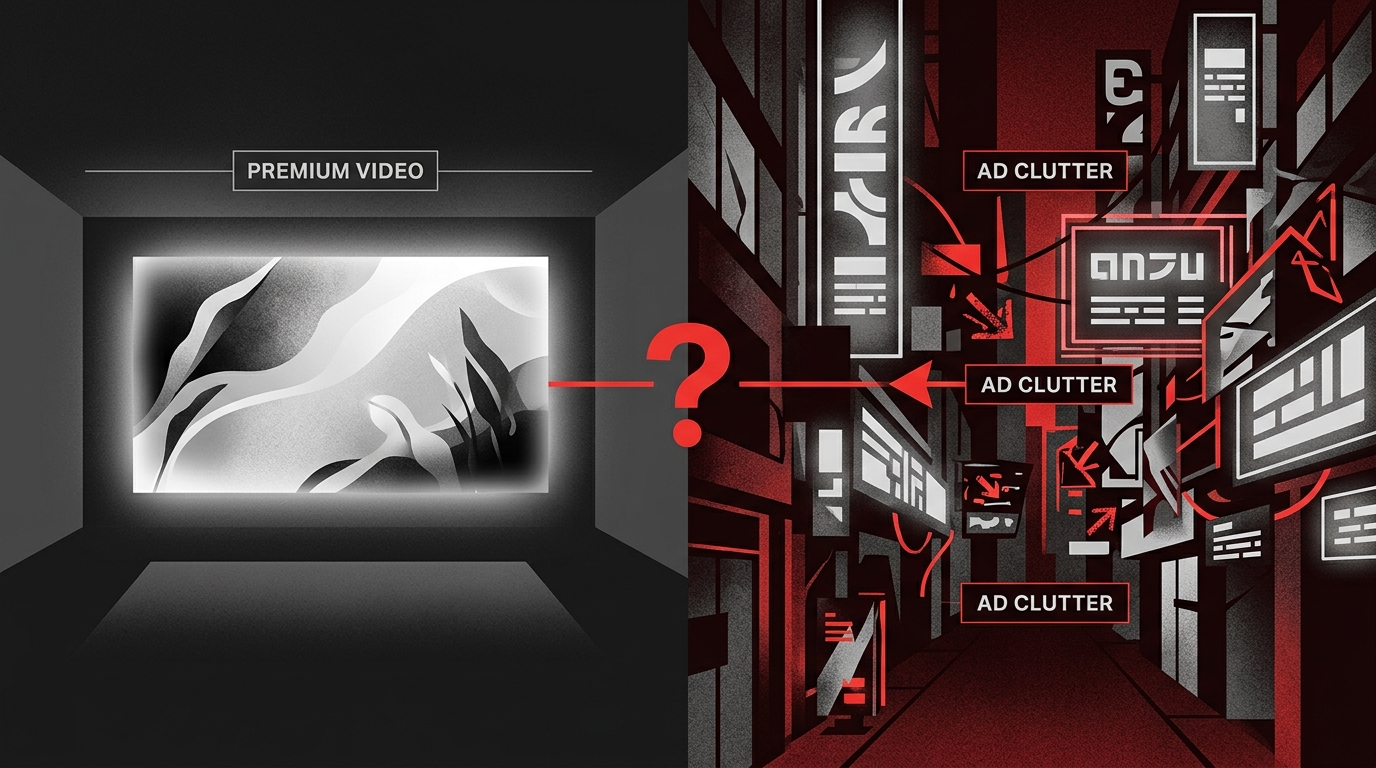 Illustration representing the tension between premium video content and advertising clutter.