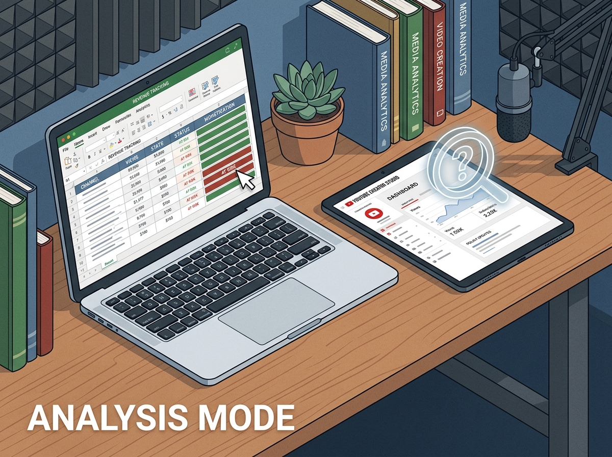 An isometric view of a digital workspace showing a channel audit in progress on a laptop and tablet.