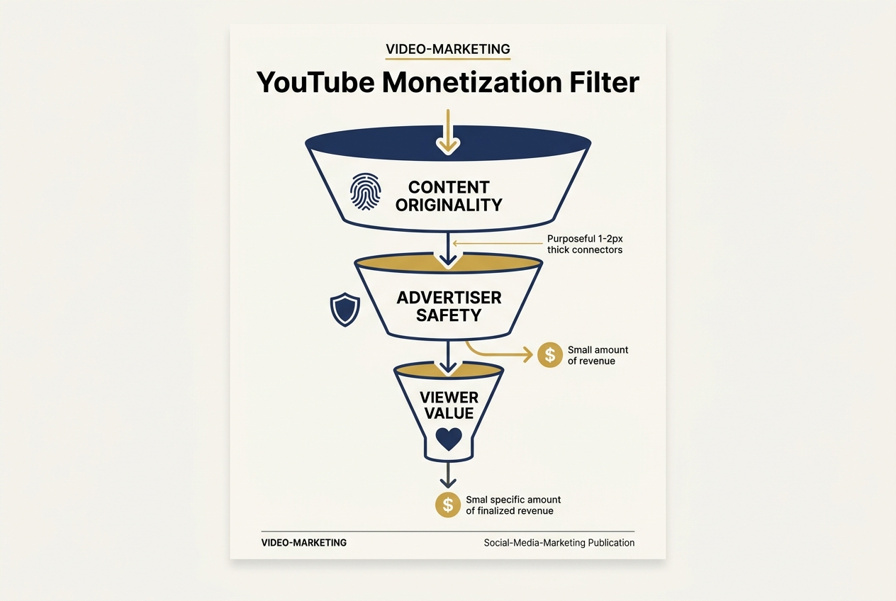 An infographic showing the three stages of YouTube's monetization filtering process: Originality, Safety, and Value.