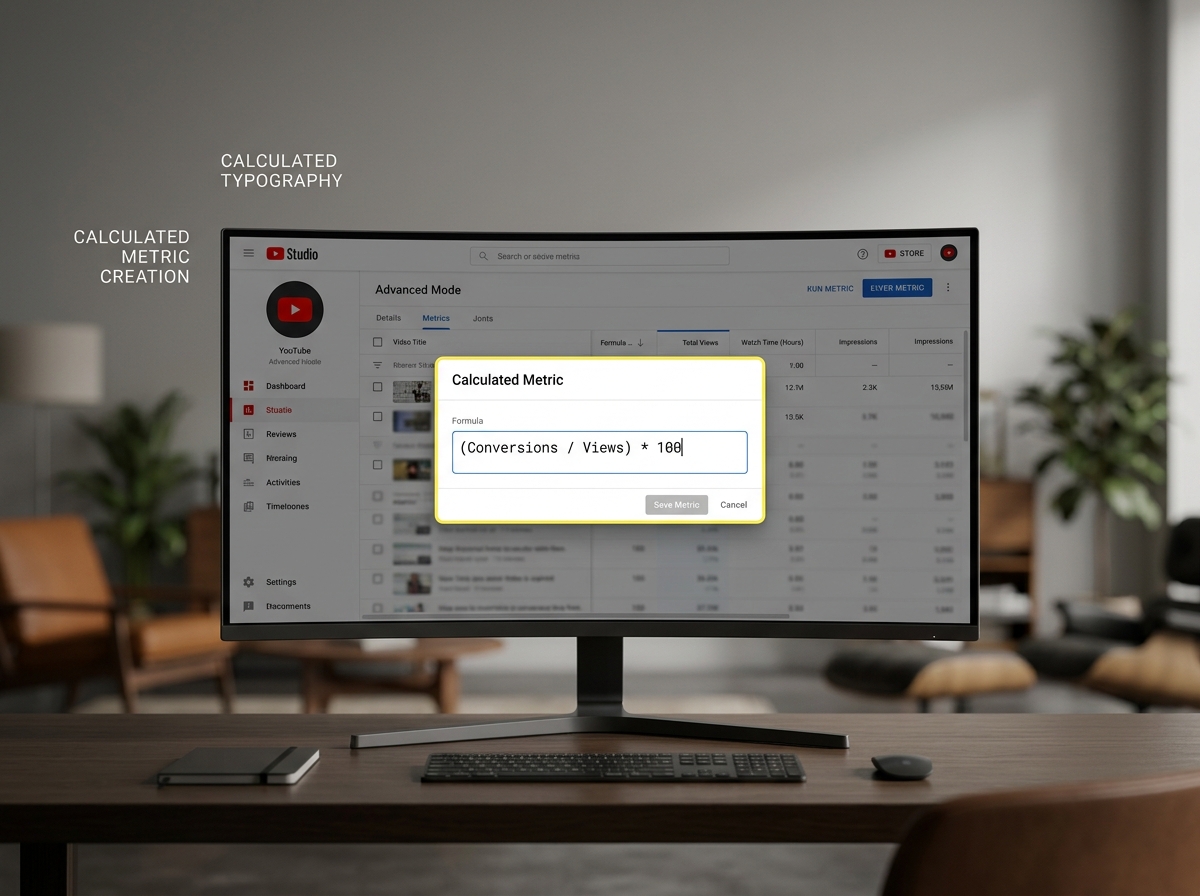 UI mockup showing how to create a custom calculated metric in YouTube Studio.
