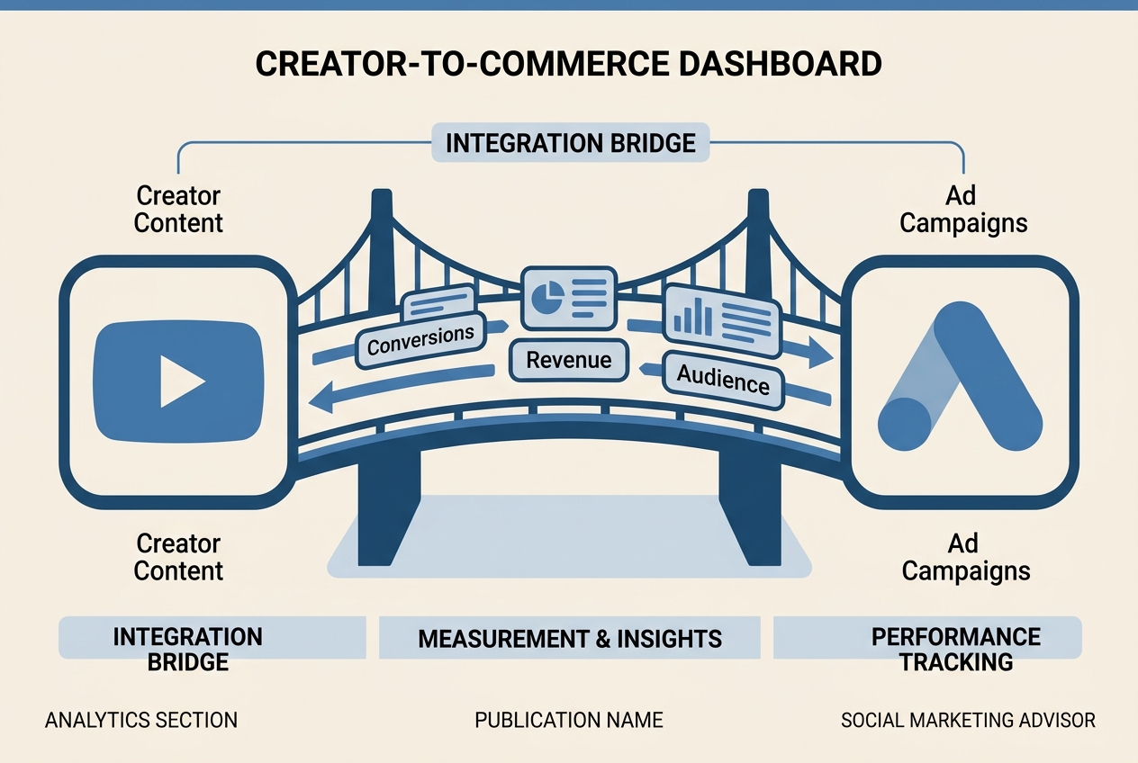 Diagram showing the data flow between YouTube Studio and Google Ads for commerce reporting.