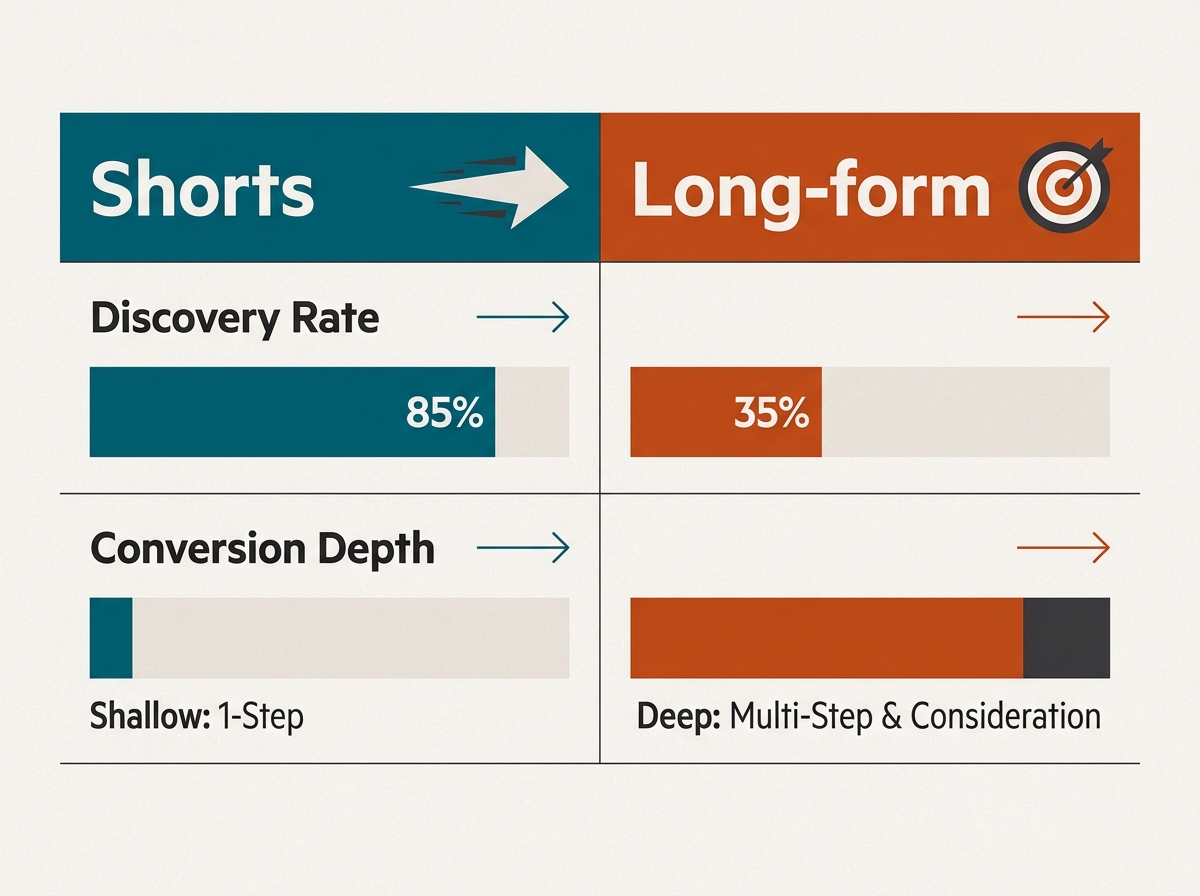 Comparison chart showing the different ROI roles of YouTube Shorts versus long-form content.