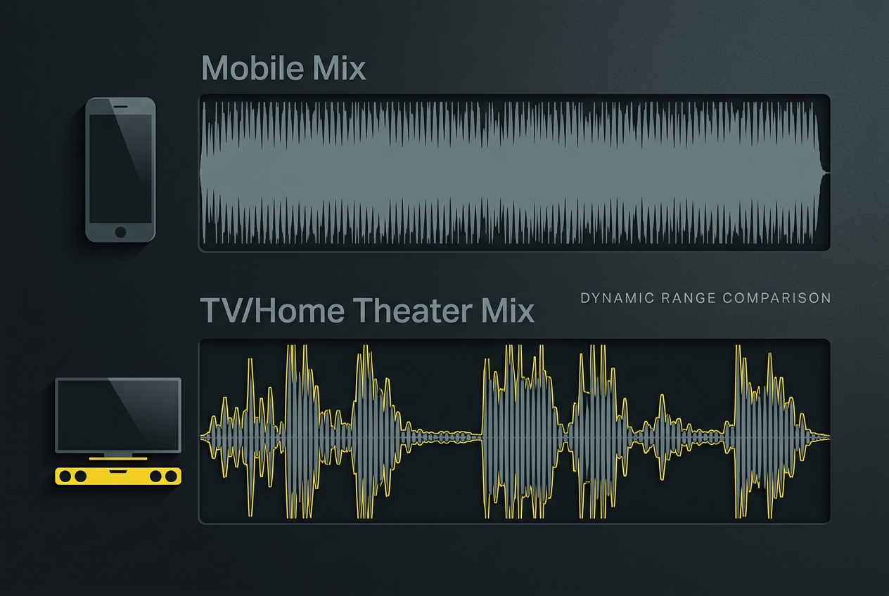 A comparison of compressed mobile audio versus dynamic TV-optimized audio waveforms.