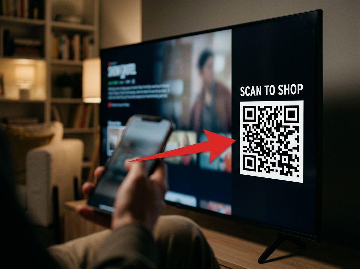 A diagram showing the optimal placement and size for a QR code in a connected TV ad.