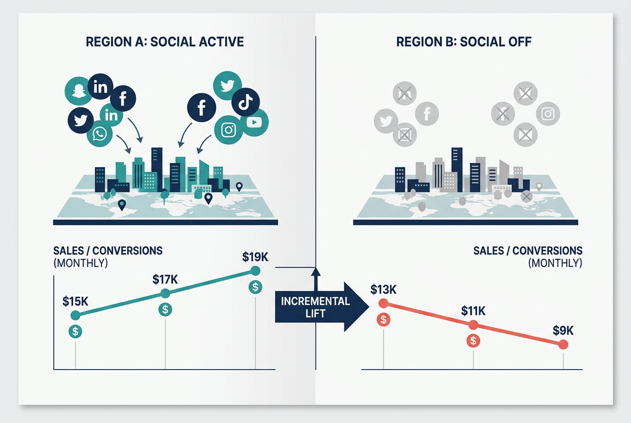 An infographic explaining a geographic lift study by comparing a region with active social media to one without.