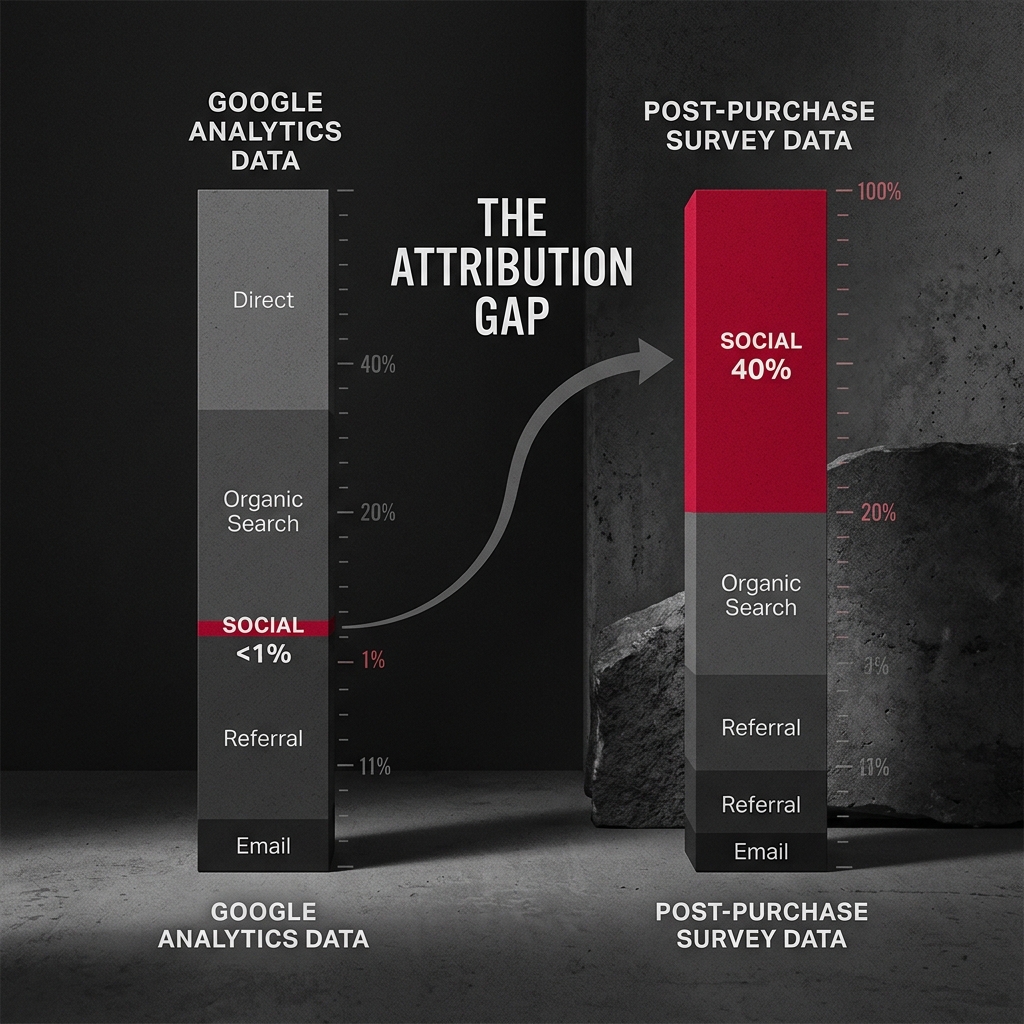 A bar chart comparing the discrepancy between software-tracked attribution and customer-reported discovery.